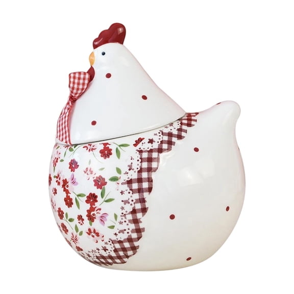 Ceramic Chicken Candy Jar Easter Decorations, Handcrafted Candy Can with Floral & Gingham Accents Spring Decor for Candy, Dried Fruits