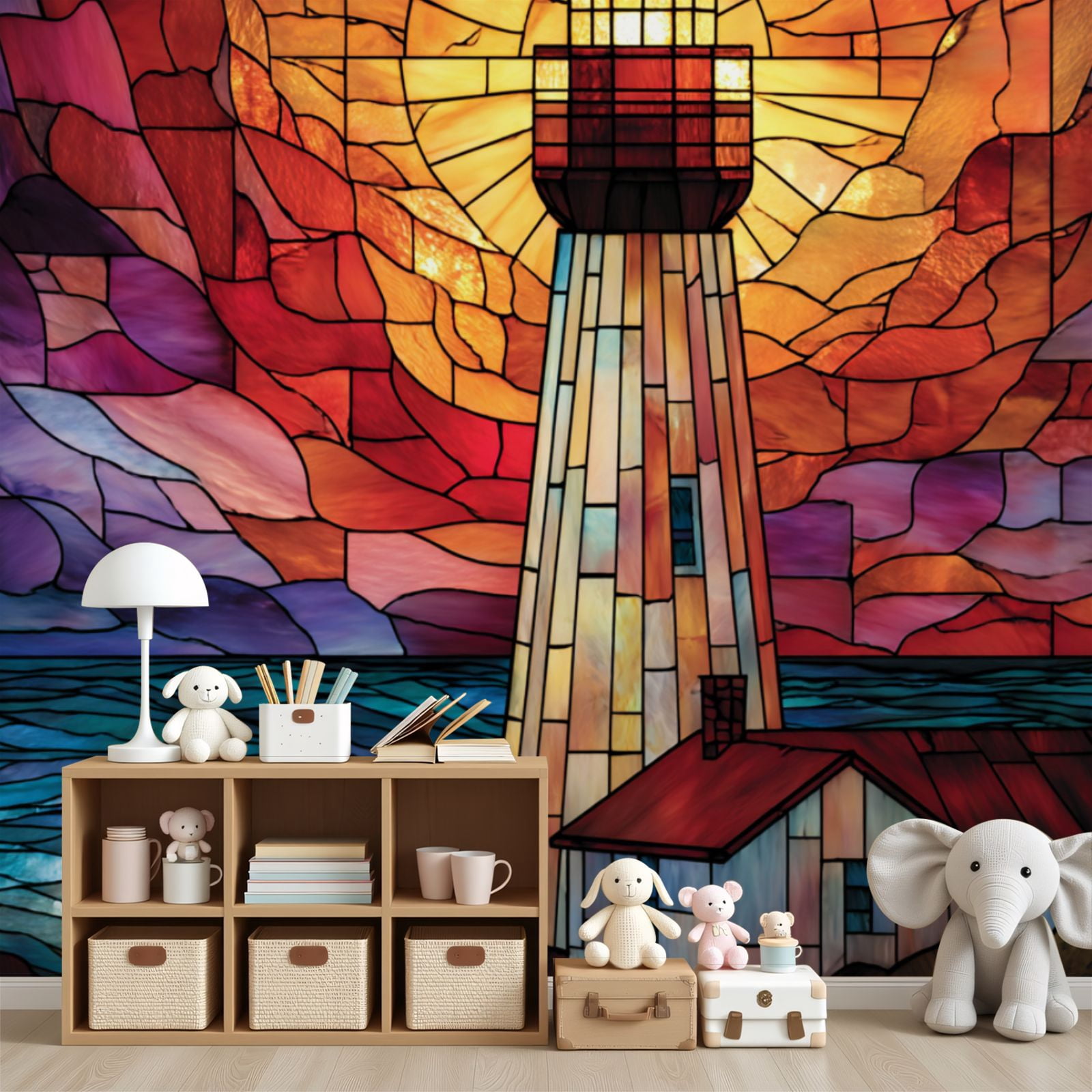 Wallpaper Lighthouse Themed Stained Glass Window Panel Peel and Stick Wall Murals 69"H x 96"W Removable PVC Wall Paper Self-Adhesive Wall Paintings Art Decor for Bedroom Living Room
