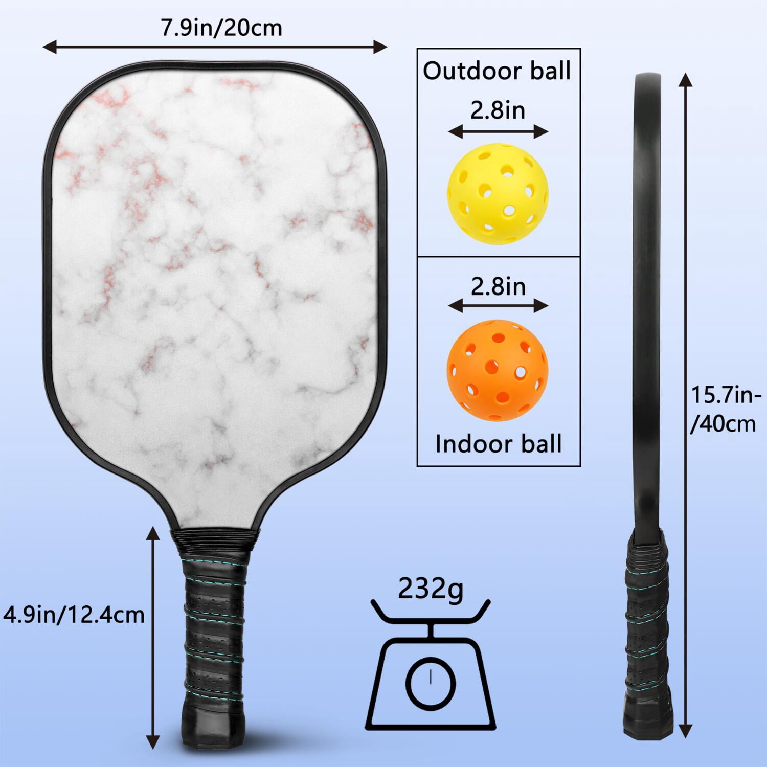 Pickleball Paddles Set Of 1, Fiberglass Surface, Turquoise Marble Pattern, 1 Paddle, 2 Balls & Bag
