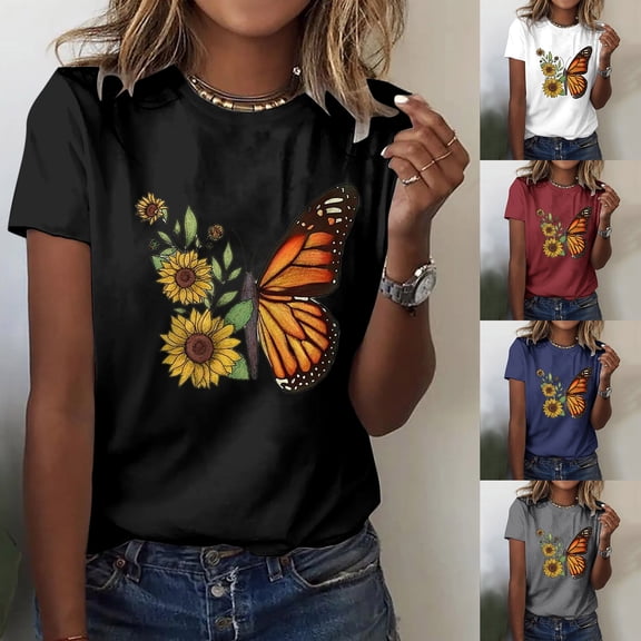 Trendfront Womens Butterfly Graphic Print Tee Fashion Summer Short Sleeve T Shirts Crewneck Casual Artistic Nature Style Trendy Tops