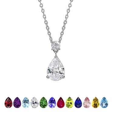 JeenMata 3.25 Carat Cubic Zirconia April Birthstone - Round and Pear Cut Dangle Pendant Necklace in 18k White Gold Plated for Women