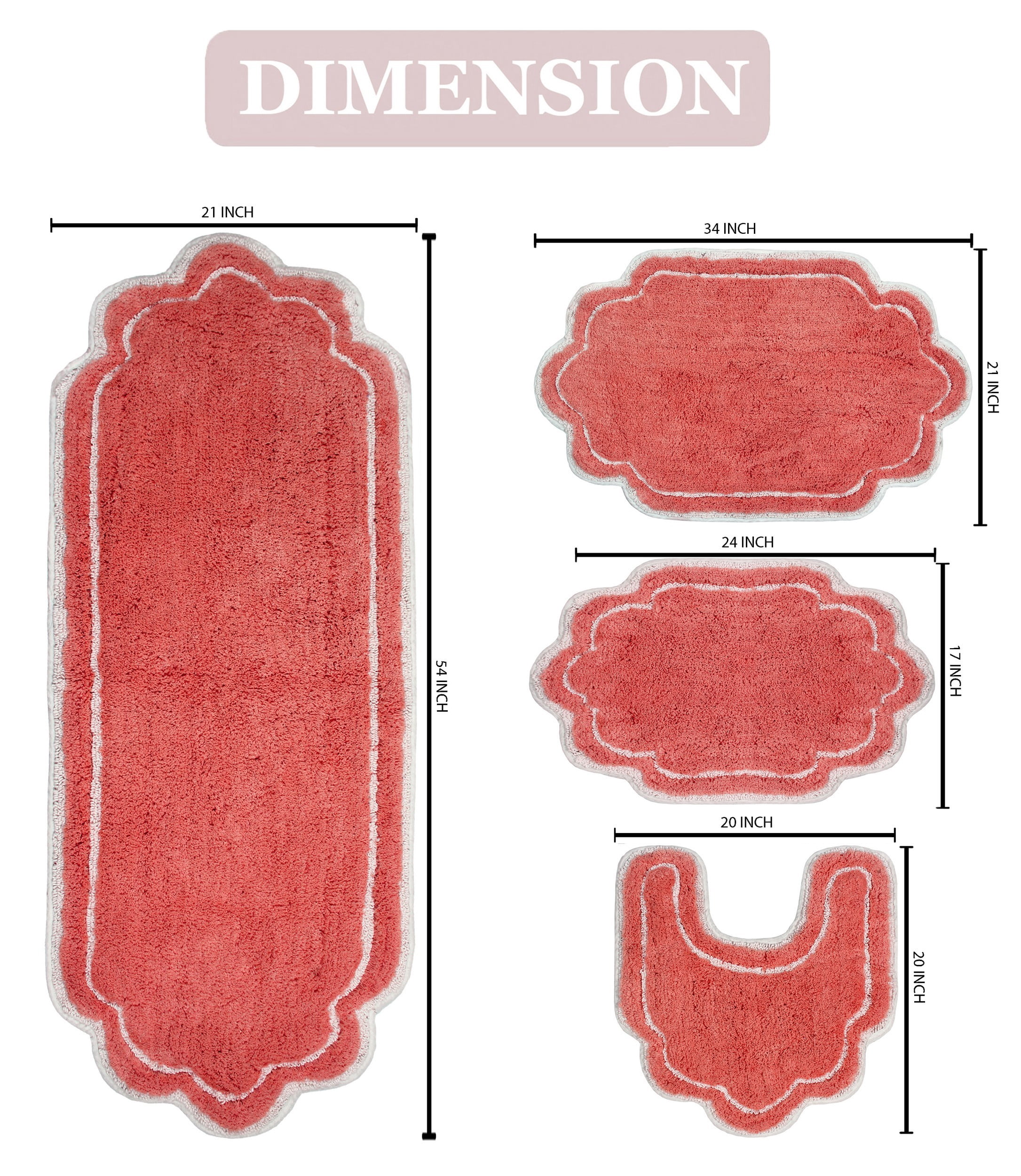 Home Weavers Allure Collection 100% Cotton Non-Slip Bathroom Rug Set Machine Washable Bathroom Rug, Bath Rug, U Shaped Contour, Runner, Coral Color 4 Piece Bath Rug set