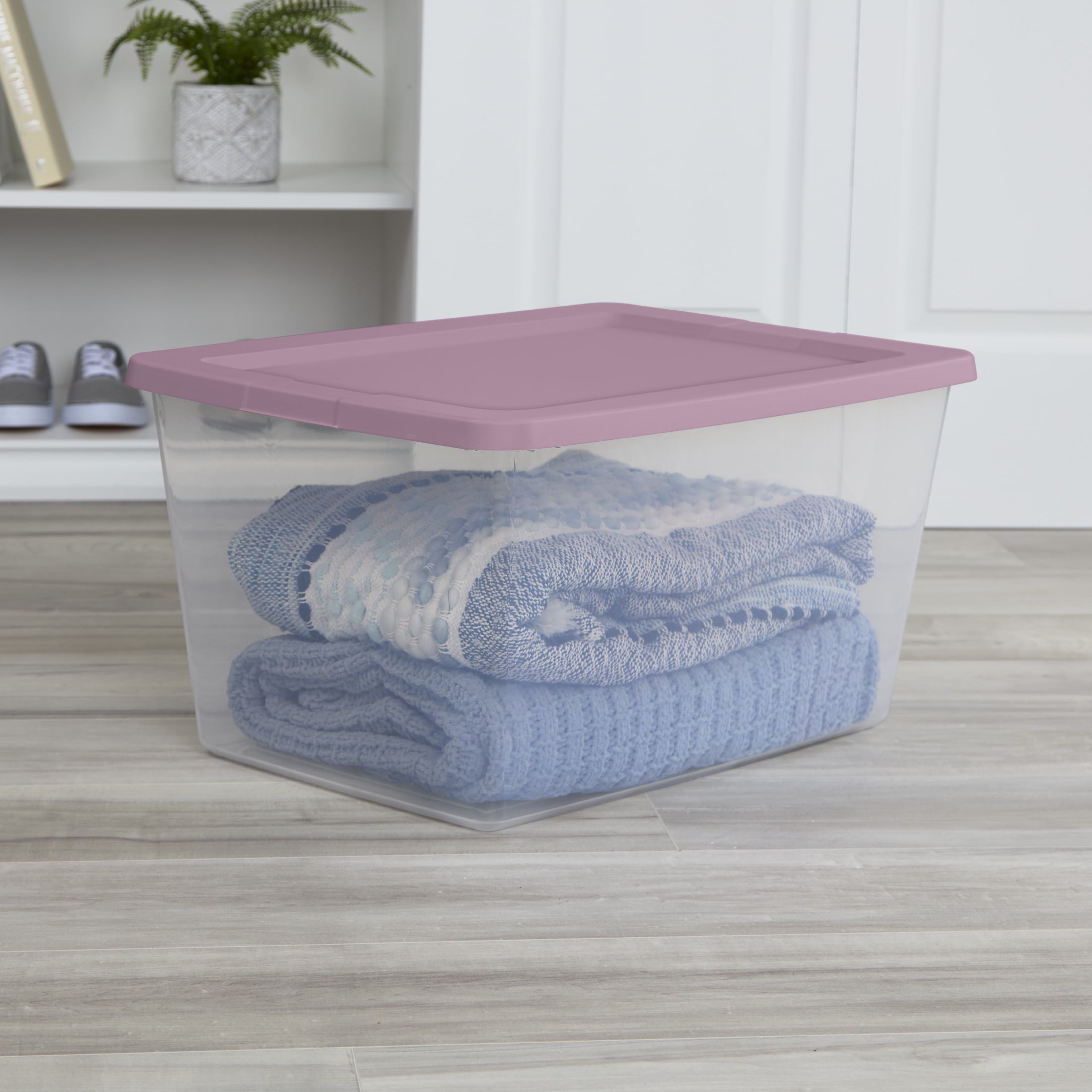 Sterilite Storage Bin, 58 Quart Clear Plastic Storage Container with Snap-On Lid, Purple, 8 Pack