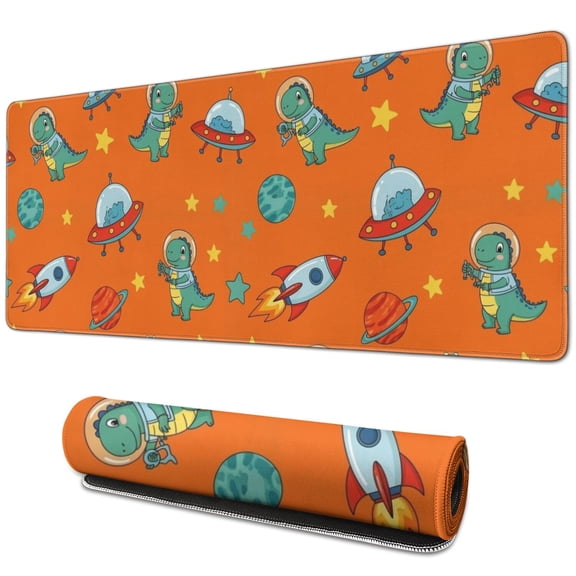 Long Mouse Pads for Desk,Orange Cartoon Dinosaurs Rockets Planets Desk Mats on Top Of Desks, Desk Mouse Pad Extra Large with 3mm Non-Slip Base and Stitched Edge for Gaming,Work,Home 31.5"x11.8"