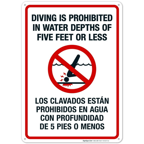 Diving Is Prohibited In Water Depths Of Five Feet Or Less Pool Sign,
