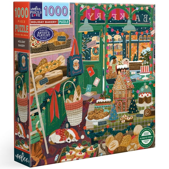 eeBoo Piece & Love: Holiday Bakery - 1000 Piece Puzzle - 23" Square Adult Jigsaw, Victoria Ball’s Cozy English Cottage Bakery Scene, Eco-Friendly