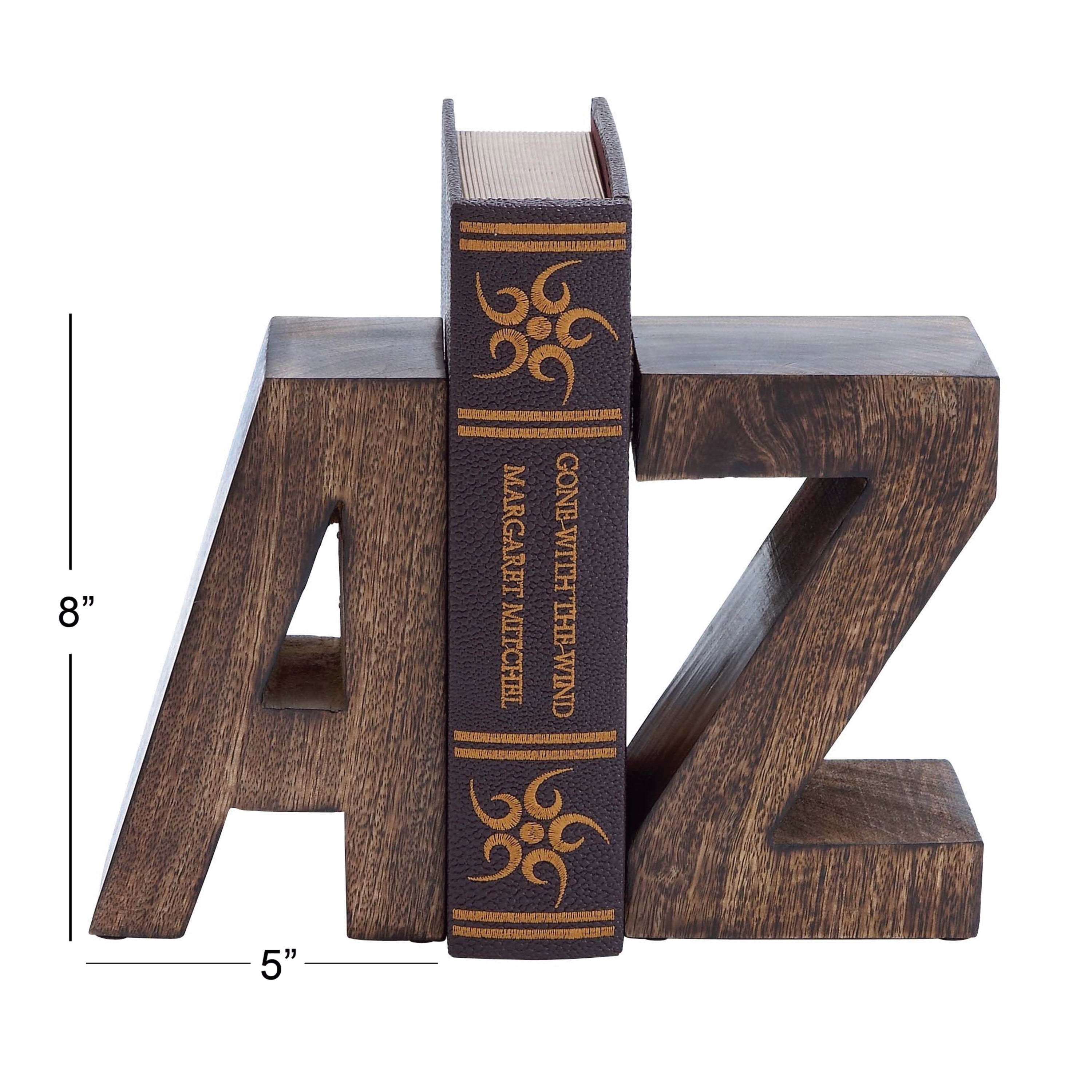DecMode 5" A Z Dark Brown Mango Wood Bookends (Set of 2)