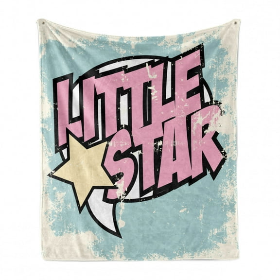 Popstar Party Soft Flannel Fleece Throw Blanket, Grungy Display Pop Art Style Retro Little Star Typography, Cozy Plush for Indoor and Outdoor Use, 50" x 60", Pale Pink Pale Blue, by Ambesonne