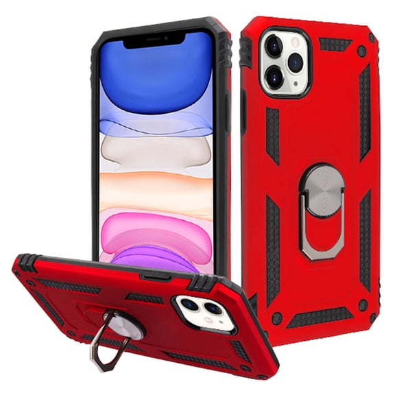 Finger Loop Armor Hybrid Case with 360° Rotating Ring Holder Kickstand for iPhone 11 - Red