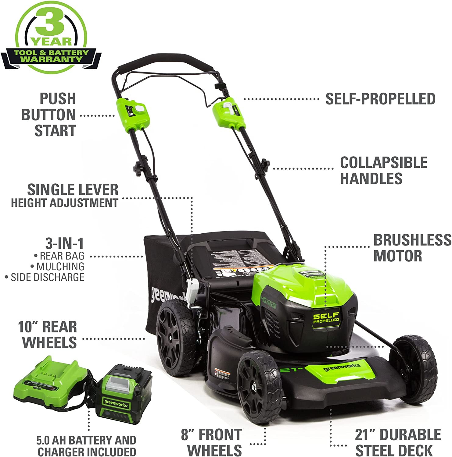 Greenworks 21" 40V Self-Propelled Lawn Mower with 5.0 Ah Battery & Charger​ 2516402 - image 3 of 16