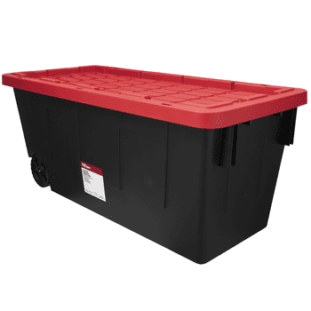Hyper Tough 50 Gallon Snap Lid Wheeled Plastic Storage Bin Container, Black with Red Lid