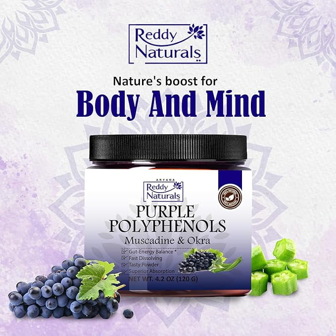 Reddy Naturals Purple Polyphenols Muscadine Grape Seed & Skin Extract Powder, Resveratrol Supplement, Gut Health Support, 30 Servings