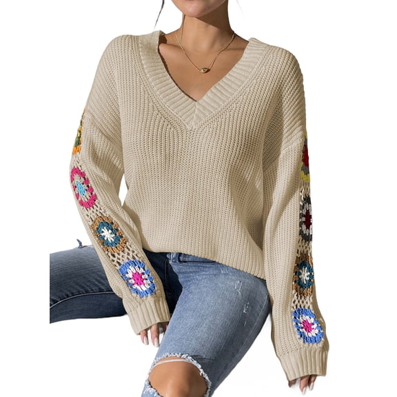 Womens Classic Boho Floral Crochet Long Sleeve Sweaters Casual Pullover Knitwear for Fall Winter 2025 Deep  XL