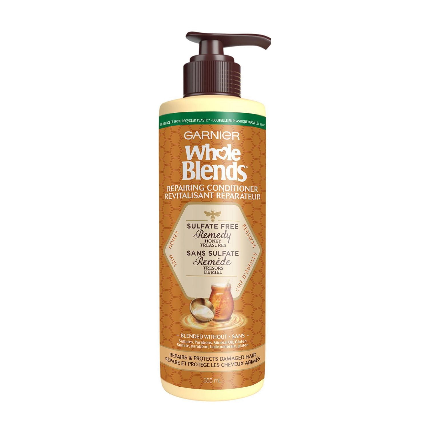 Garnier Whole Blends Revitalisant sans sulfate, pour cheveux abîmés, jusqu'à 72 heures de soins en profondeur, Honey Treasures, 355 ml