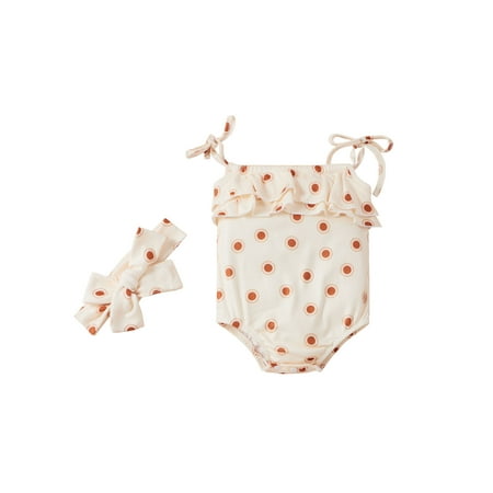 

EYIIYE Baby Girl Suspender Sweet Printing Ruffles Stitching Romper and Headband Set 0-24M