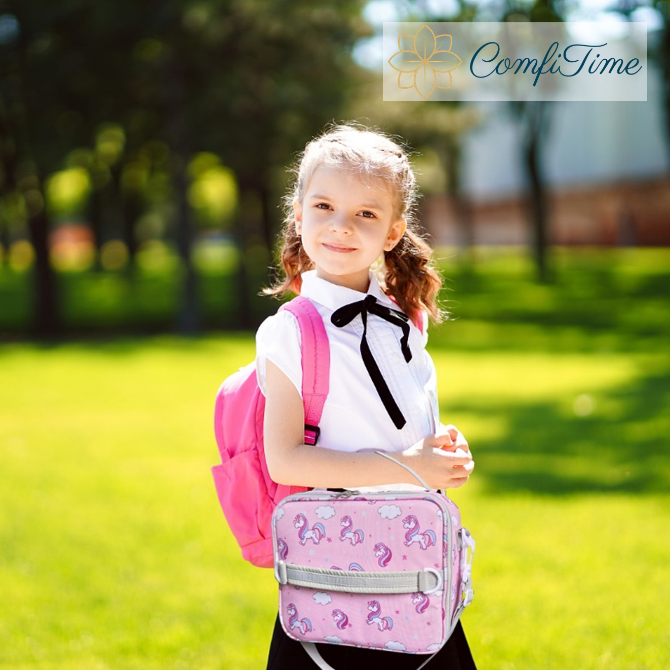 ComfiTime Lunch Bag for Kids – Insulated Lunch Box for Girls and Boys, Cute Reusable Cooler Bag with Zipper Pockets, Bottle Holder, Padded Handles and Shoulder Strap (Pink Unicorn)