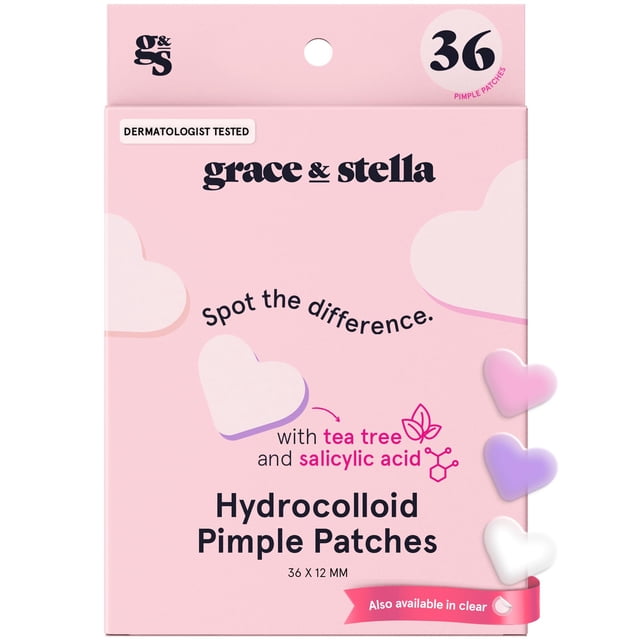 Pimple Patches Grace & Stella Heart Hydrocoloid Zit, 36 unidades