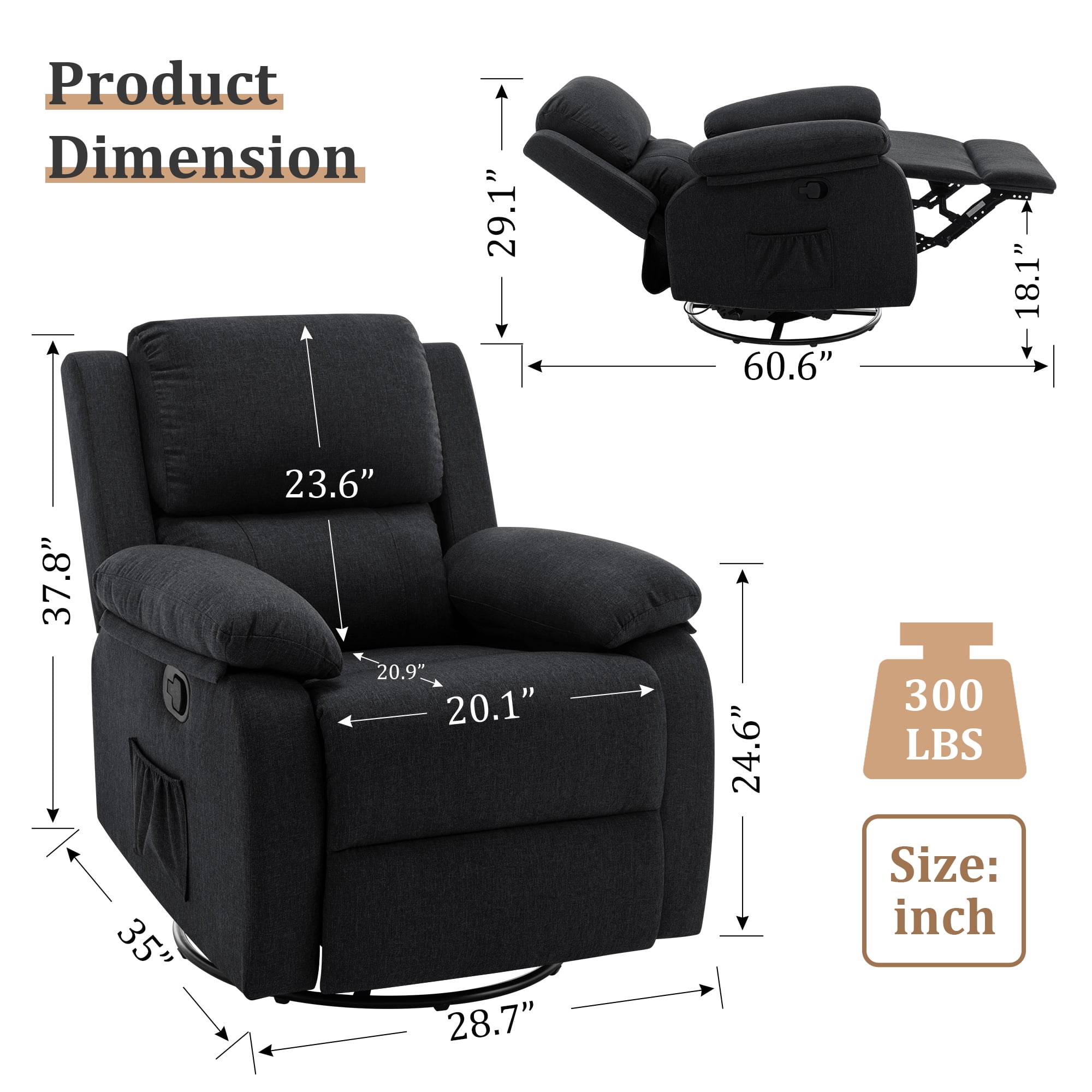 Korser Swivel Rocker Small Recliner Chair for Small Spaces for Living Room,Nursery,Black