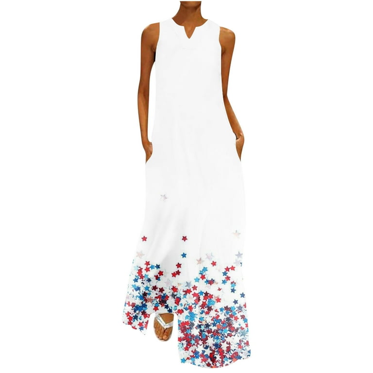 Hvyesh Summer Dresses for Women 2023 Casual Patriotic Long Dress Red White and Blue Print V Neck Sundresses Sleeveless Lightweight Dresses White Walmart