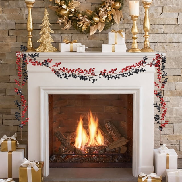 Guirnalda Navideña de Ratán Sintético Trenzado con Bayas | Guirnalda Multicolor de Plástico de 184 Cm (72,38 Pulgadas) para Decoración de Interiores: Chimenea, Pared, Puerta, Fondo de Habitación | Pe