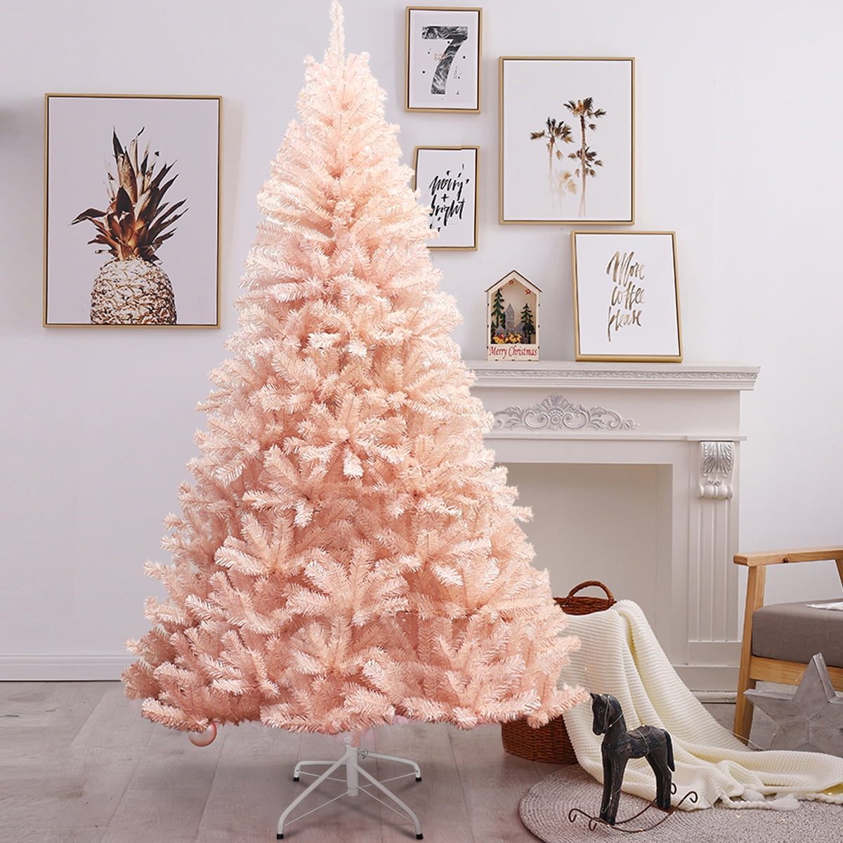 Gymax 7ft Pink Classic Pine Christmas Tree Artificial Hinged Tips (Pink)