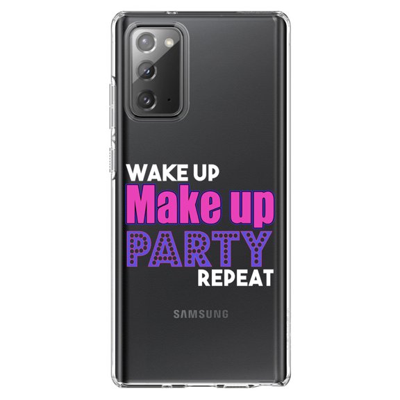 DistinctInk Clear Shockproof Hybrid Case for Samsung Galaxy Note 20 (6.7" Screen) - TPU Bumper Acrylic Back Tempered Glass Screen Protector - Wake Up Make Up Party Repeat