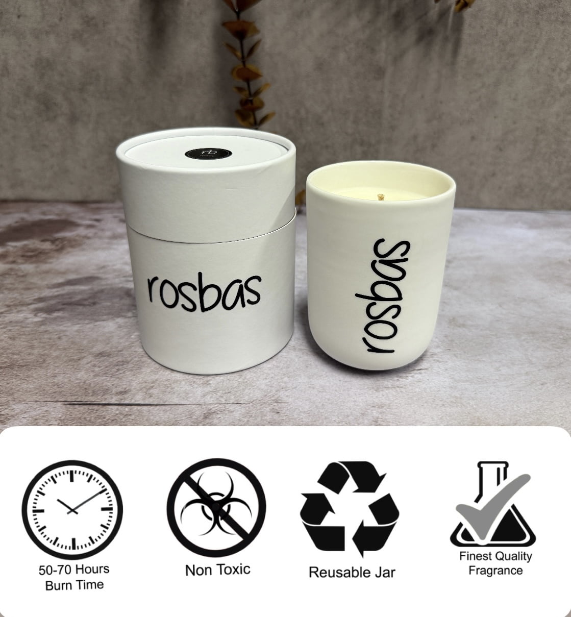 Rosbas, Soy Candle, UnScented, 8 oz White Ceramic Jar, Cotton Wick, Gift Box, Long Burn Time, Home, Handmade in USA