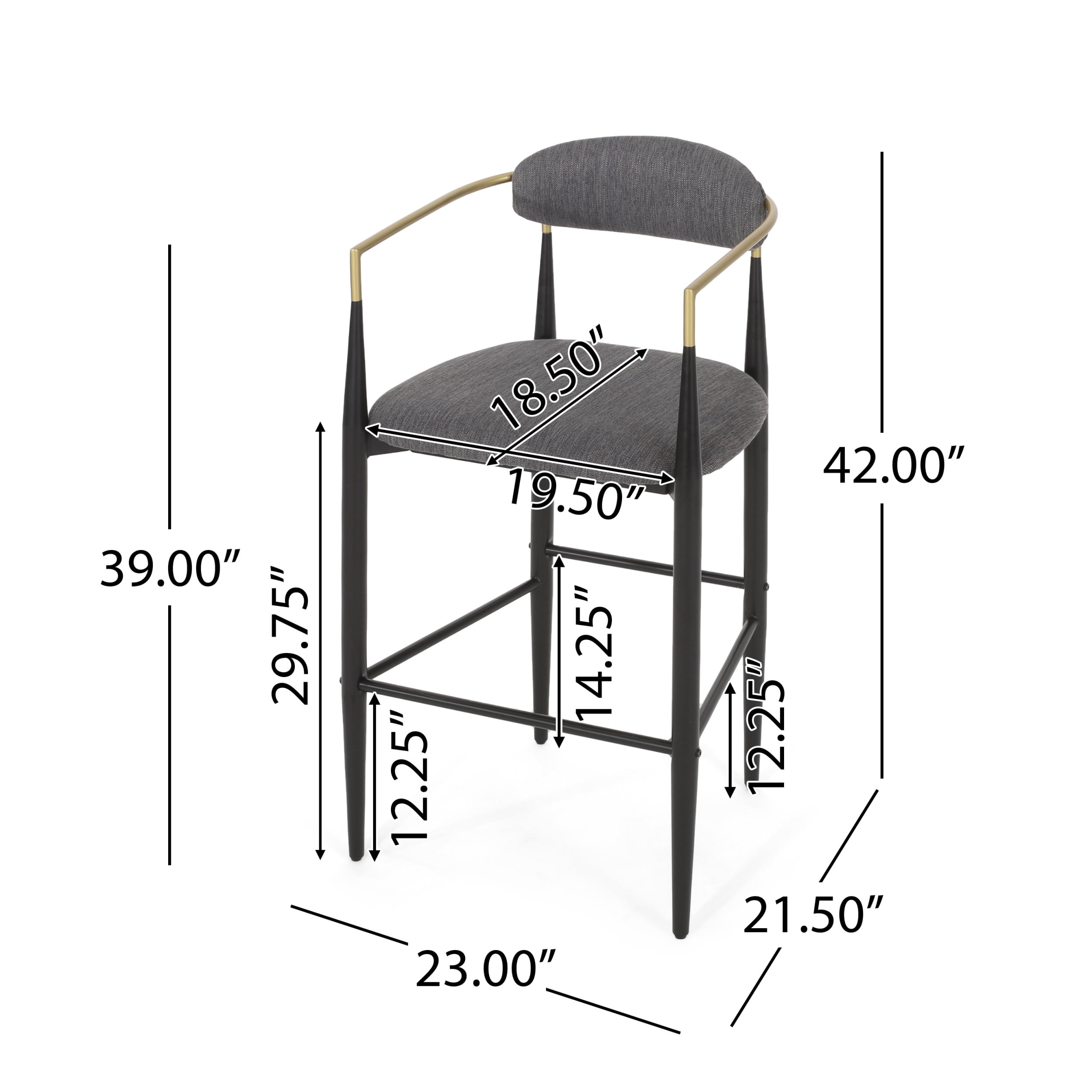 Noble House Boise Indoor Fabric and Metal 30 inch Barstools, Set of 2, Charcoal, Black, and Gold.