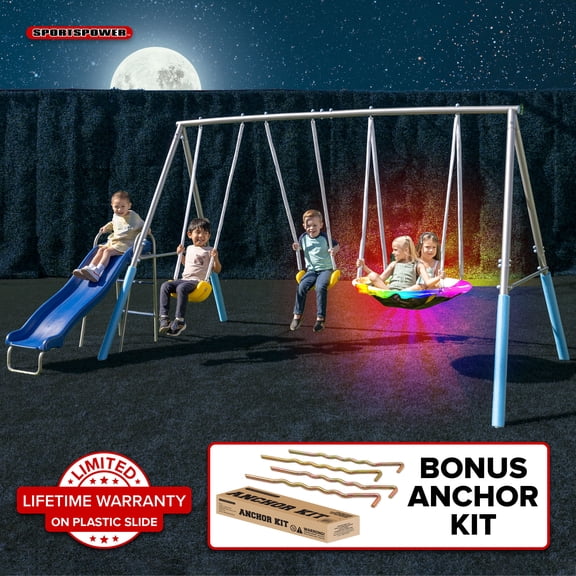 Sportspower Comet Metal Swing Set with LED Light up Saucer Swing, 2 Swings, Lifetime Warranty on Slide, & Bonus Anchor Kit, Great for Kids Aged 3-8