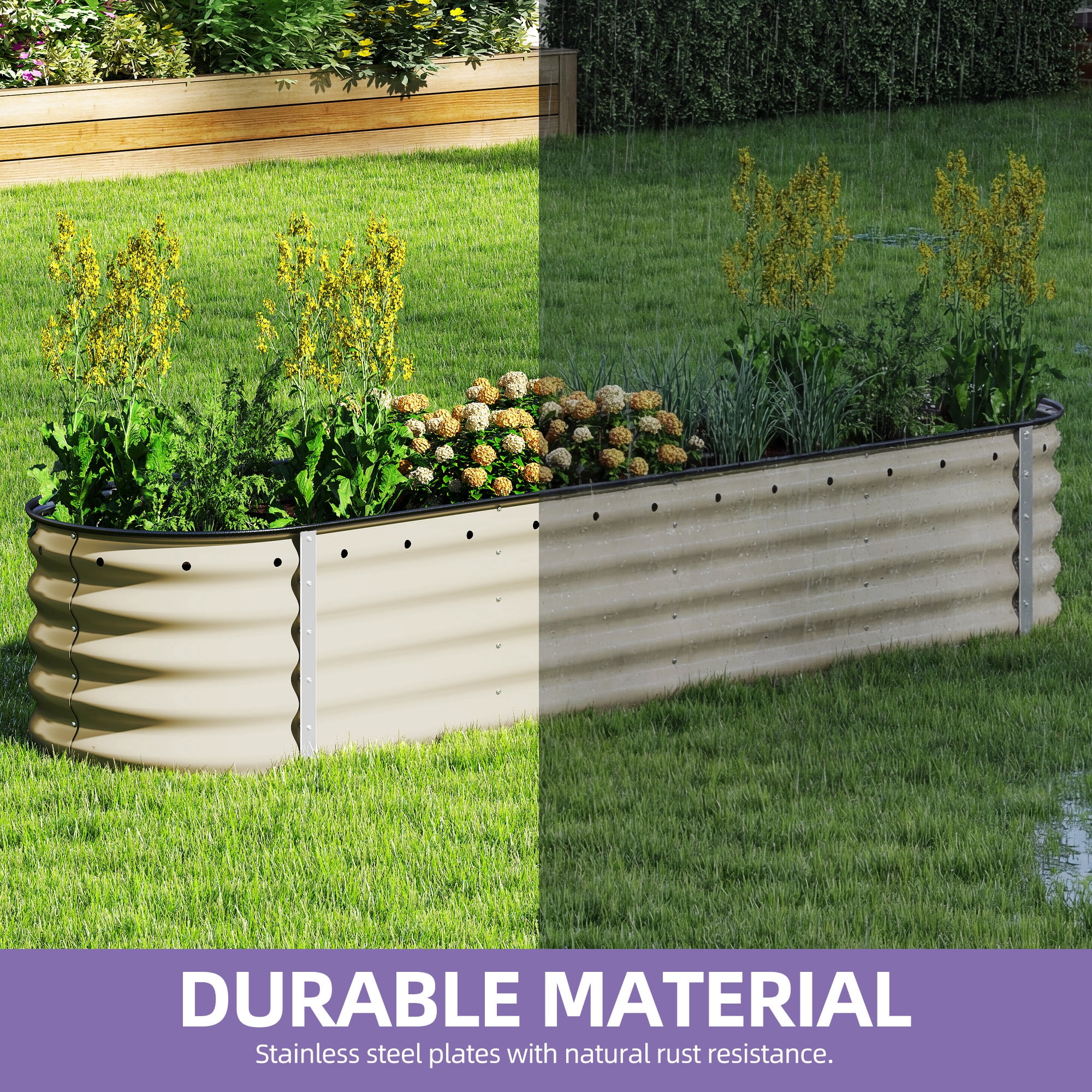 Uforic 8x2x1.5ft 17" Tall 9 in 1 Large Galvanized Metal Raised Garden Bed Kit with Gloves & Safety Rubber, Outdoor Above Ground Planters for Plants Vegetables Flowers, Cream White