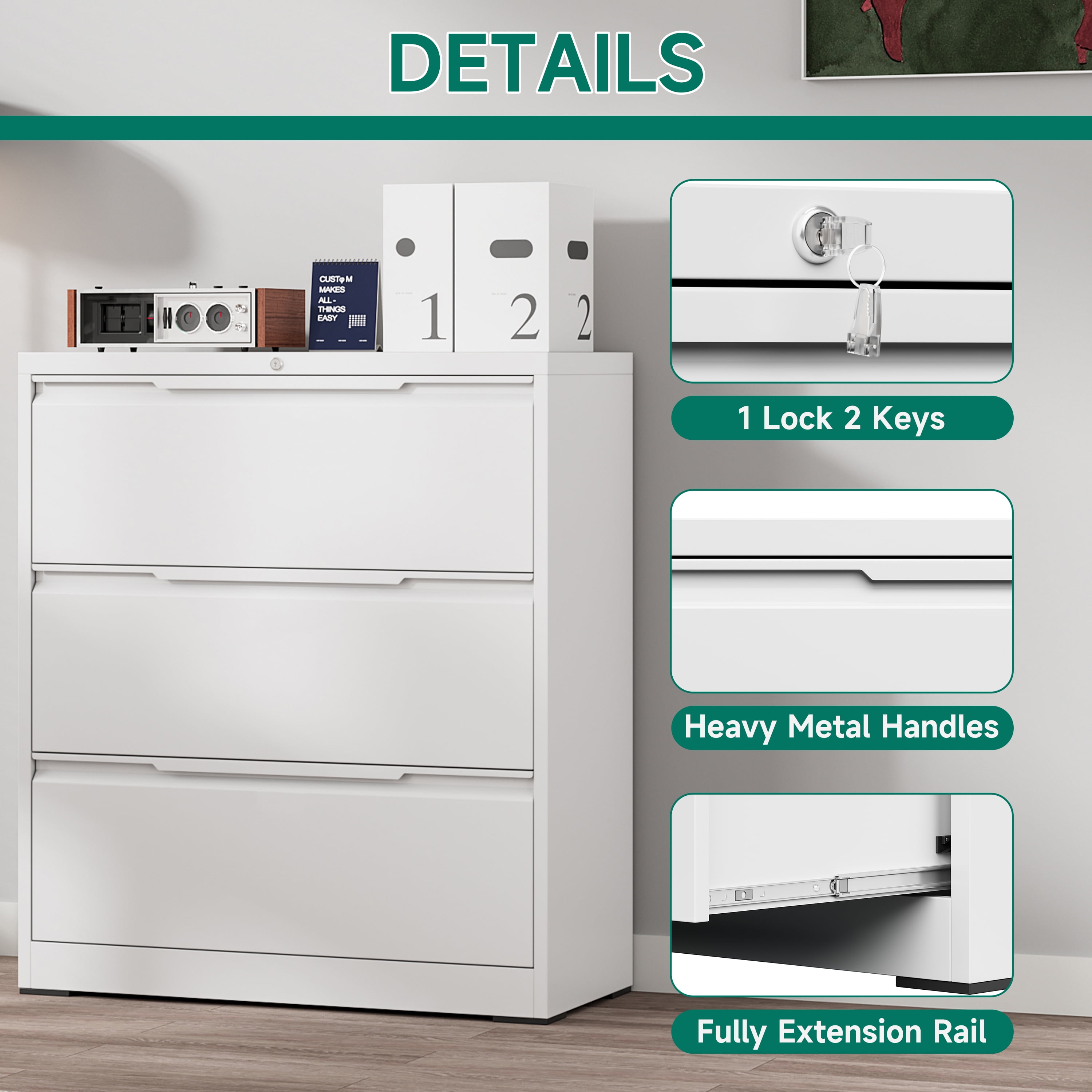 Kooyon 3 Drawer White Lateral File Cabinet with Lock, Metal Filing Cabinet for Home Office, Fits Letter/Legal/A4-Assembly Required