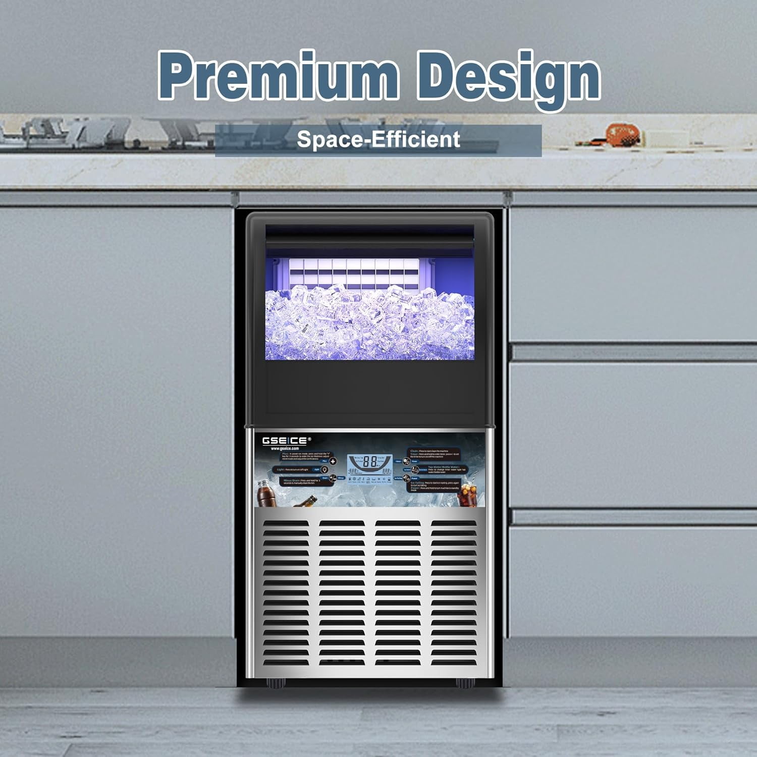 GSEICE ETL-Certified Commercial Ice Maker Machine 90Lbs/24H, Freestanding Fast Business Ice Maker, Self-Cleaning Ice Machine with LED Display for Bar, Office, Cafe, Hotel