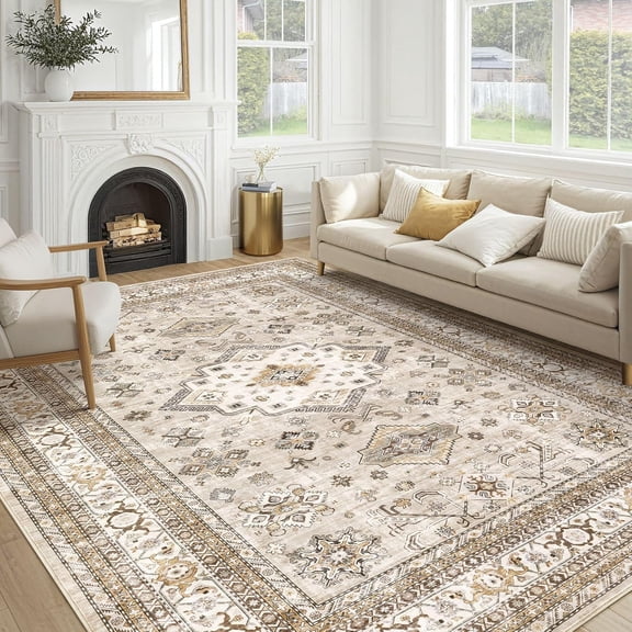 Vintage Oriental Area Rug 9 Feet by 12 Feet Rectangular Beige