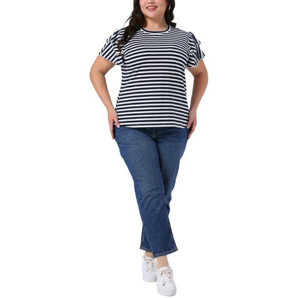GRACE & GRANDEUR Camisetas de Talla Grande para Mujeres, Tops a Rayas con Cuello Redondo y Manga Corta con Volantes, Blusa Casual de Verano 4X Azul Marino