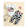 thumbnail image 2 of Gureui Kids Baby Girls Summer Outfit Sets White Short Sleeve Ruffle Romper + Cow Print Pants with Bowknot Decor 2Pcs Clothes Set, 2 of 9