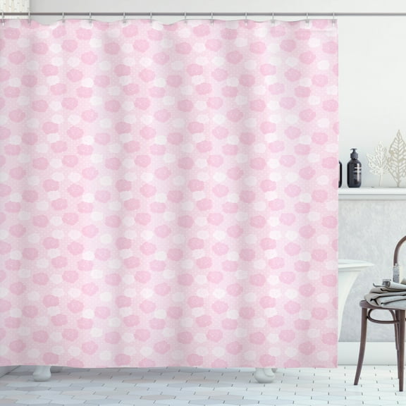 Pink Polka Dots Shower Curtain, Floral Designs Roses Dim Motifs Petals and Speckles, Fabric Bathroom Set with Hooks, 69"W X 75"L Long, Baby Pink White and Pale Pink, by Ambesonne