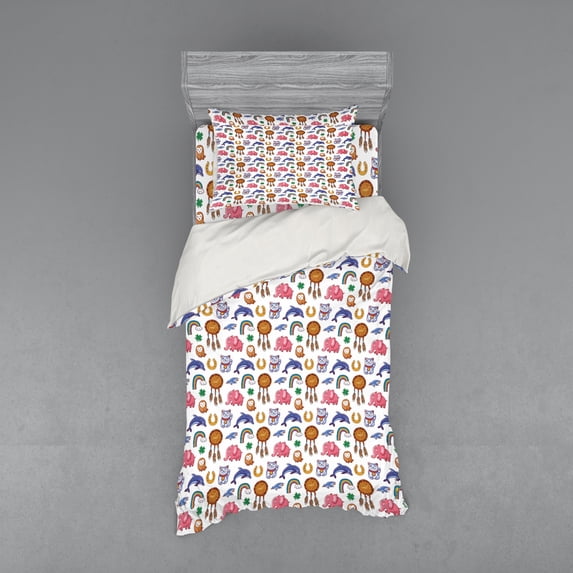 Nursery Duvet Cover Set, Cartoon Repetition with Lucky Elements and Animals, Bedding Set with Shams and Fitted Sheet, 3 Sizes, by Ambesonne