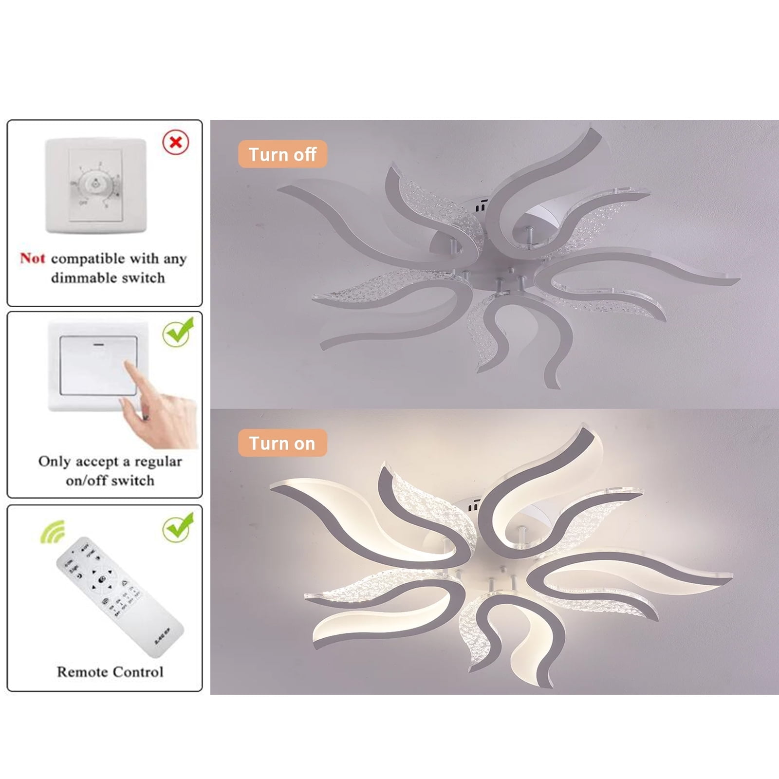 Garwarm LED Ceiling Light Dimmable 50W Modern Ceiling Lamps with Remote,Flame Shape LED Chandelier Light Fixture for Living Dining Room Bedroom Kitchen,3 Color/3000-6500K