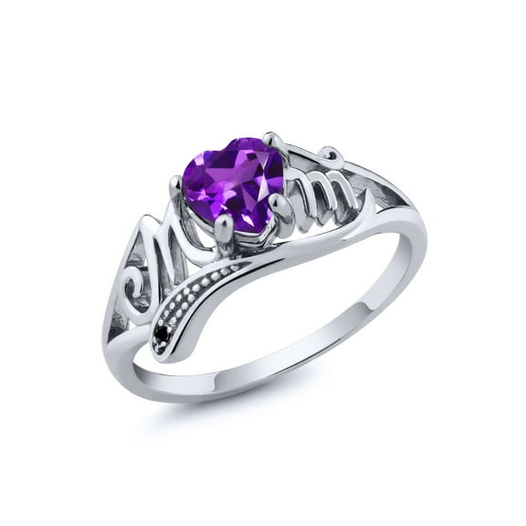 Gem Stone King 925 Sterling Silver Heart Shape Mothers Day Purple Amethyst & Black Diamond Mom Women Ring | 0.41 Cttw | Gemstone Birthstone | Size 5,6,7,8,9