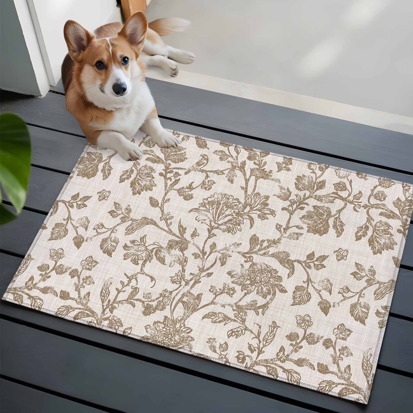 Farmhouse Khaki Bathroom Mat 2x3 FT, Non Slip Small Kitchen Mat, Vintage Flower Leaf Botanical Plant Washable Soft Backed Front Door Throw Rug Non-Shedding Indoor Outdoor Doormat for Entryway Sink