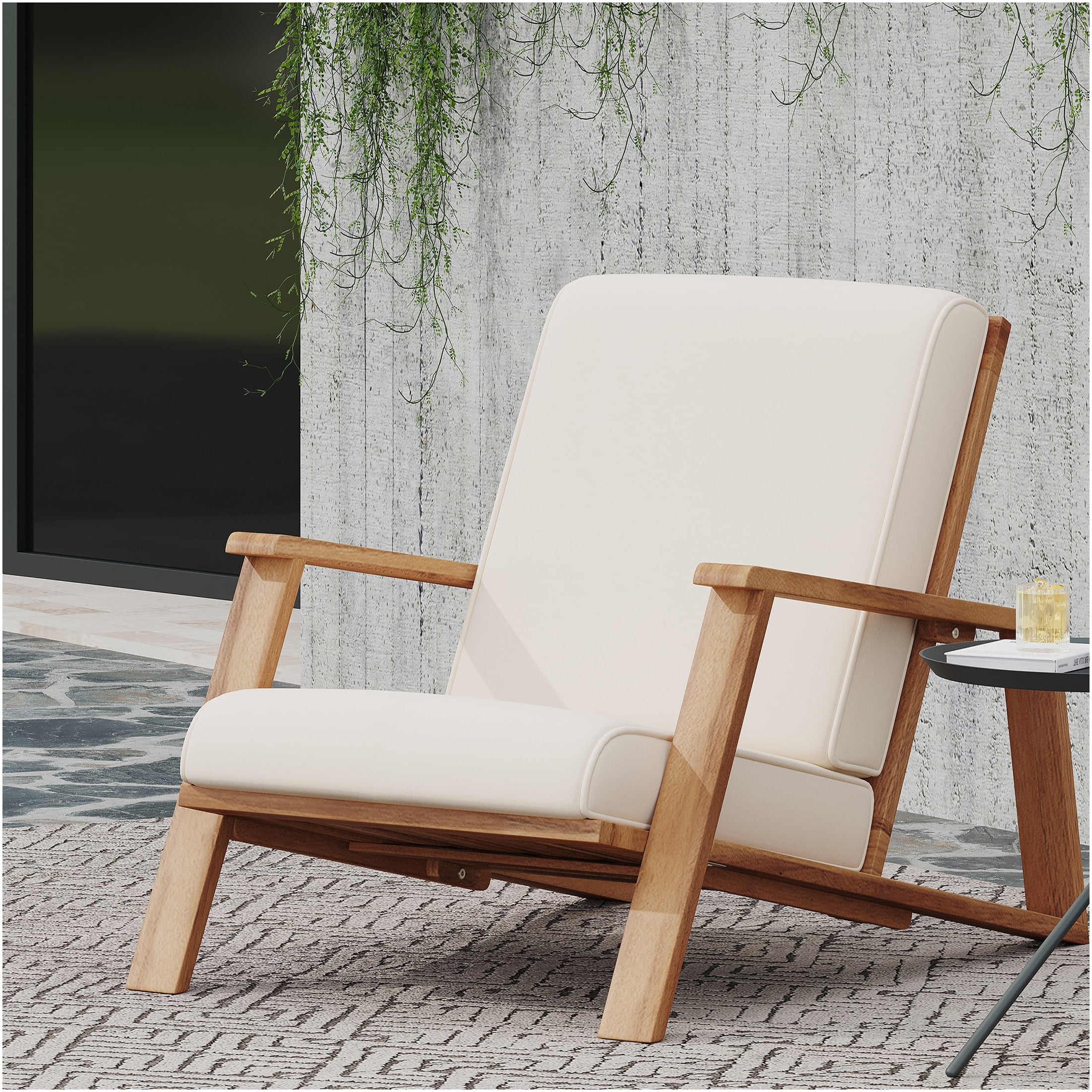 JERFIT Modern Acacia Wood Adirondack Chair with Cushion, Beige Outdoor Patio Club Chair for Garden, Poolside, Fire Pit, Weather-Resistant