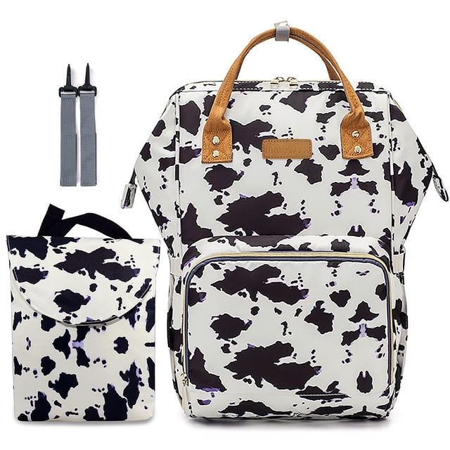 Mochila para pañales con estampado de vaca para bebés, niñas y madres con accesorios