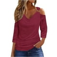 thumbnail image 3 of Sudaderas con capucha para mujer,Blusa informal de poliéster con hombros descubiertos para mujer, cuello en V y mangas 3/4, tejido ligero y transpirable, para uso diario, sopatenor, 3 of 8