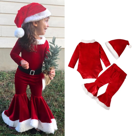 Infant Santa Outfit Long Sleeve Romper Flare Pants Hat Set Christmas Outfit for Boys Dress Up Clothes 0-3 Months