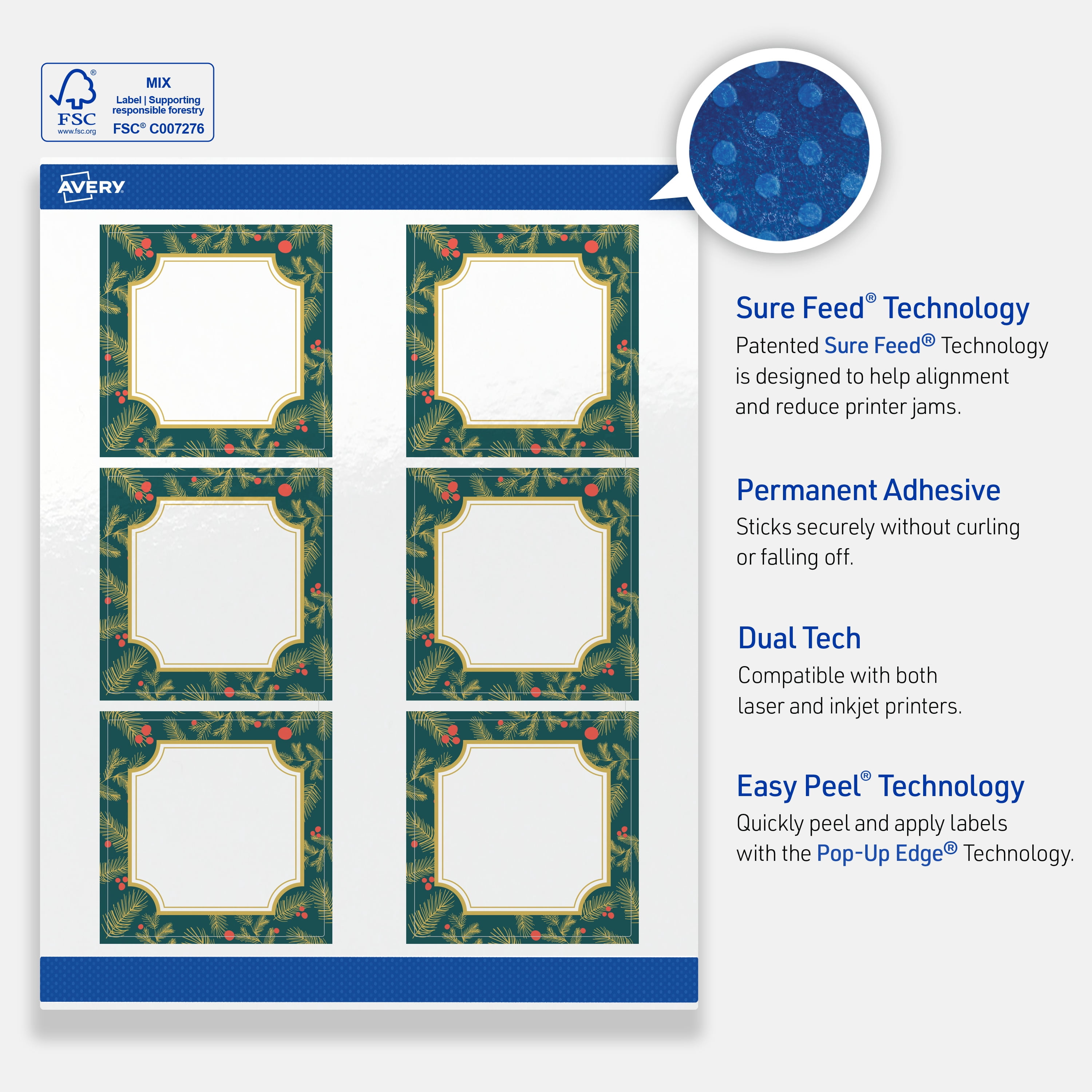Avery Labels, 3" x 3", Glossy White, Teal & Metallic Gold Frame