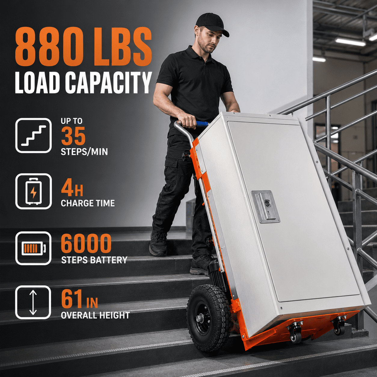Orange Hand Trucks - 880lbs Capacity Electric Stair Hand Trucks 1200W Heavy Duty Stair Climber Trolley with Safety Rope and Solid Wheel for Moving Furni ture Logistics Warehous