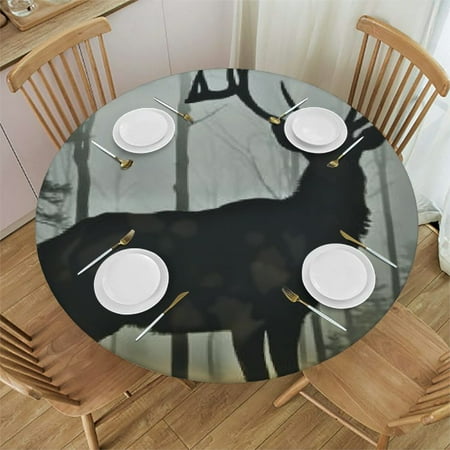 

BCIIG Deer Forest Foggy Sky Round Table Cover Stain Resistant Washable for Indoor Outdoor Tablecloth Kitchen Dining Wedding Parties with Elastic Edge 100% Polyester Fiber 42 -46