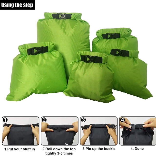 Lot de 5 Sacs Étanches Secs pour Kayak, Dérive, Transport, Vélo, Randonnée, Rafting, Canotage, Sac Pliable Portable de Randonnée, Natation, Voyage, Vert