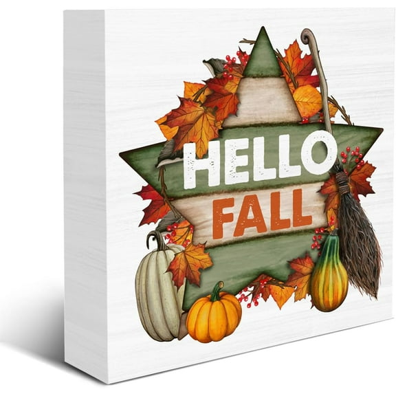 Zomyto 5"x5" Fall Decor Sign Hello Fall Wood Box Sign Autumn Pumpkin Wood Sign Fall Wooden Block Sign