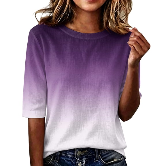 Domzest Womens Gradient Half Sleeve Tops Crew Neck Loose Fit Elbow Length Shirts Dressy Casual Summer Fall Lightweight Basic Blouse Purple L